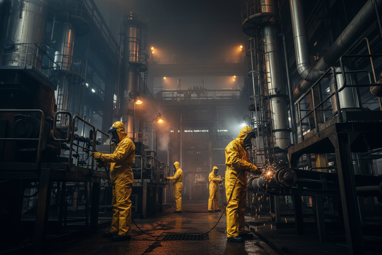 Donkere fabriekshal van petrochemie waar mense. In gele waterdichte pakken aan het werken zijn met gelaat masker op 