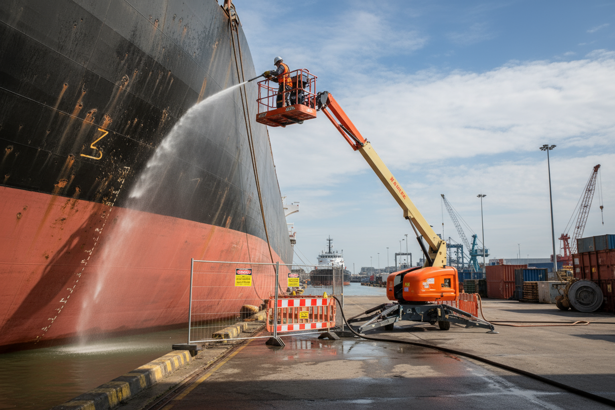 Een hoogwerker in de haven waaruit word gewerkt met alle SIR maatregelen er word met hogedruk wand pistool gereinigd aan de wand van een grote vrachtschip 
