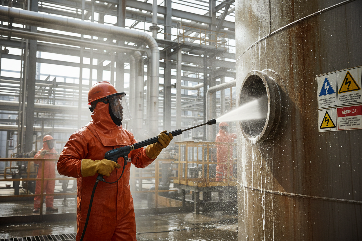 Ik wil een bruin persoon die een tank reinigt een chemische tank 